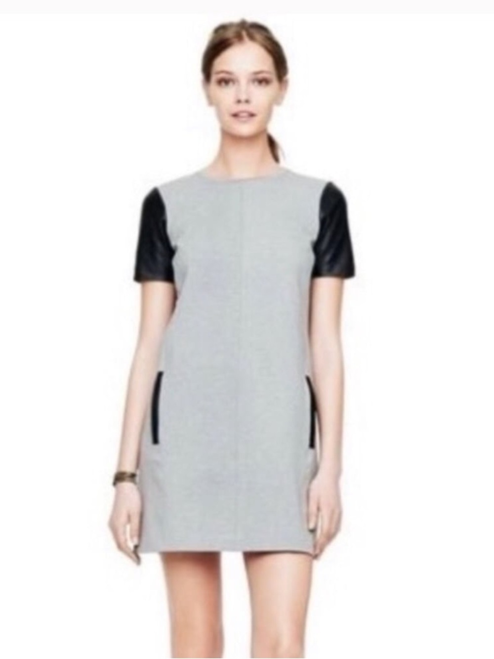 Club Monaco Cecilia Shift Dress Short Sleeves Genuine Leather Trim Pockets Gray